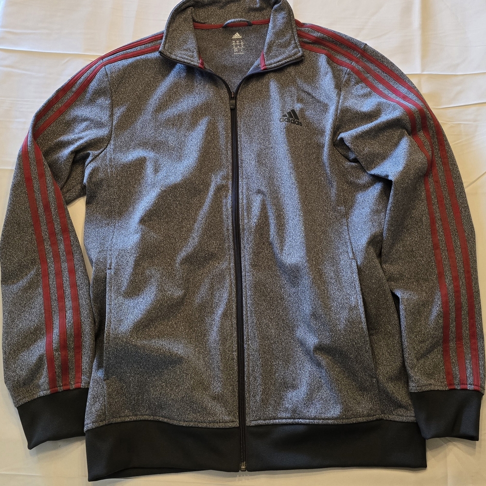 Adidas Men's Gray Windbreaker with Red Stripes
